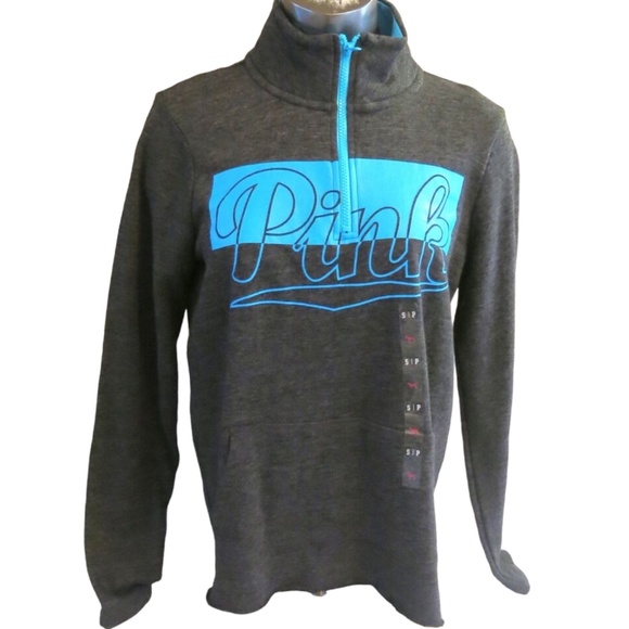 Victoria's Secret PINK Dark Grey w/ Neon Blue Logo Varsity Half Zip S - Picture 1 of 2